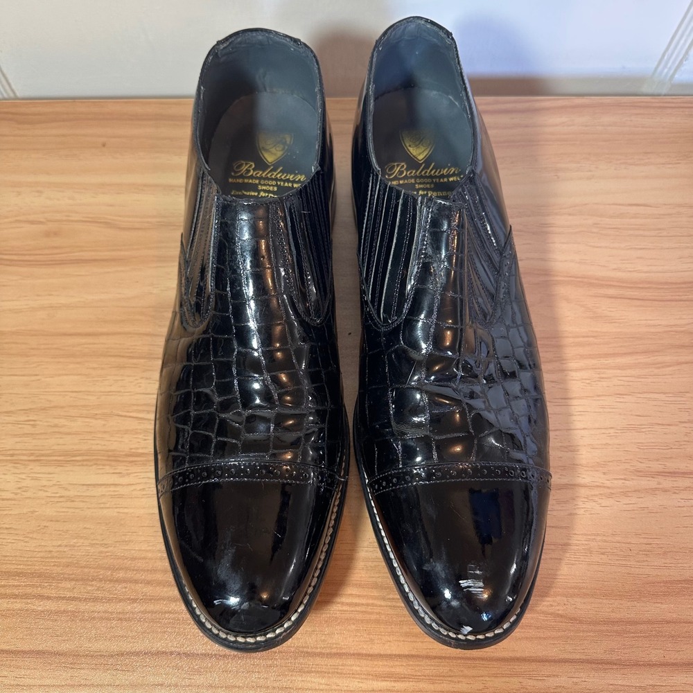 Baldwin Dress Shoes Black Faux Crocodile Patent Leather Wingtip Size 11